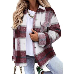 Women Wine Red Collared V Neck Button Down Oversized Long Sleeve Shirt Top